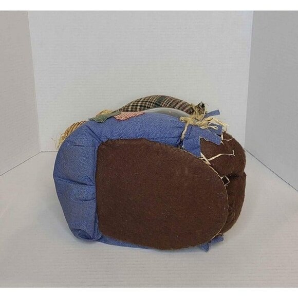 Stuffed Cloth Scarecrow Holding Glass Round Bowl with Lid Fall Colors - Picture 5 of 5